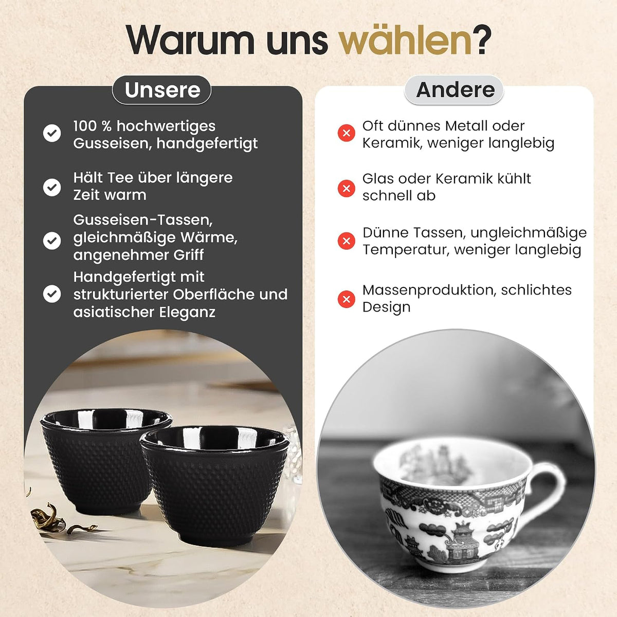 Traditionelle Gusseisen-Teebecher 2er Set - Asiatisches Design