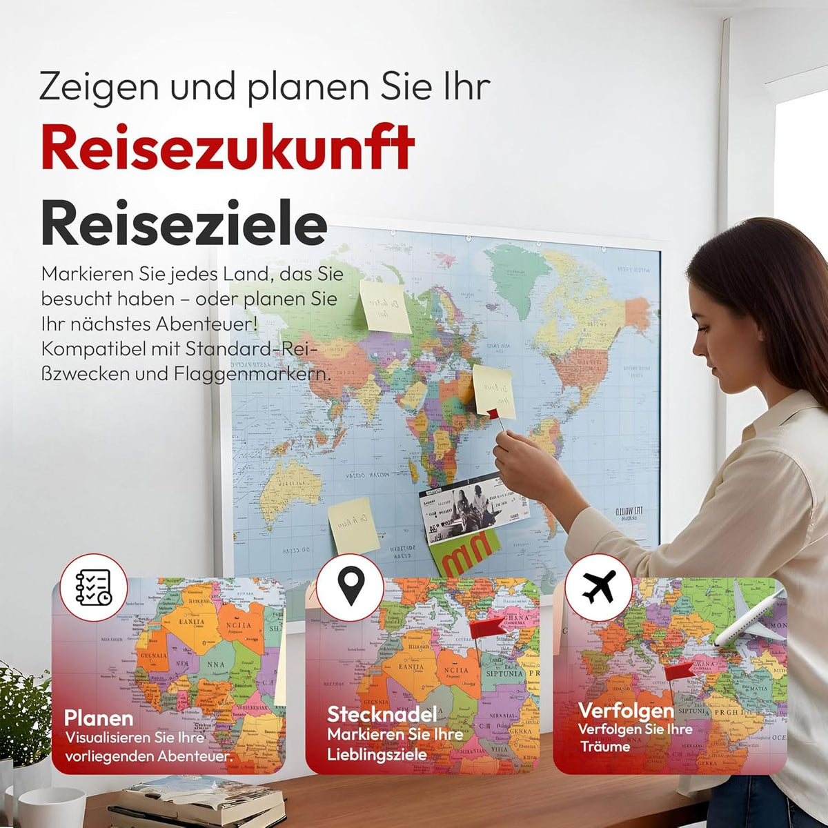 Weltkarte Pinnwand 90x60 cm Kork - Memoboard mit Markierungsfähnchen