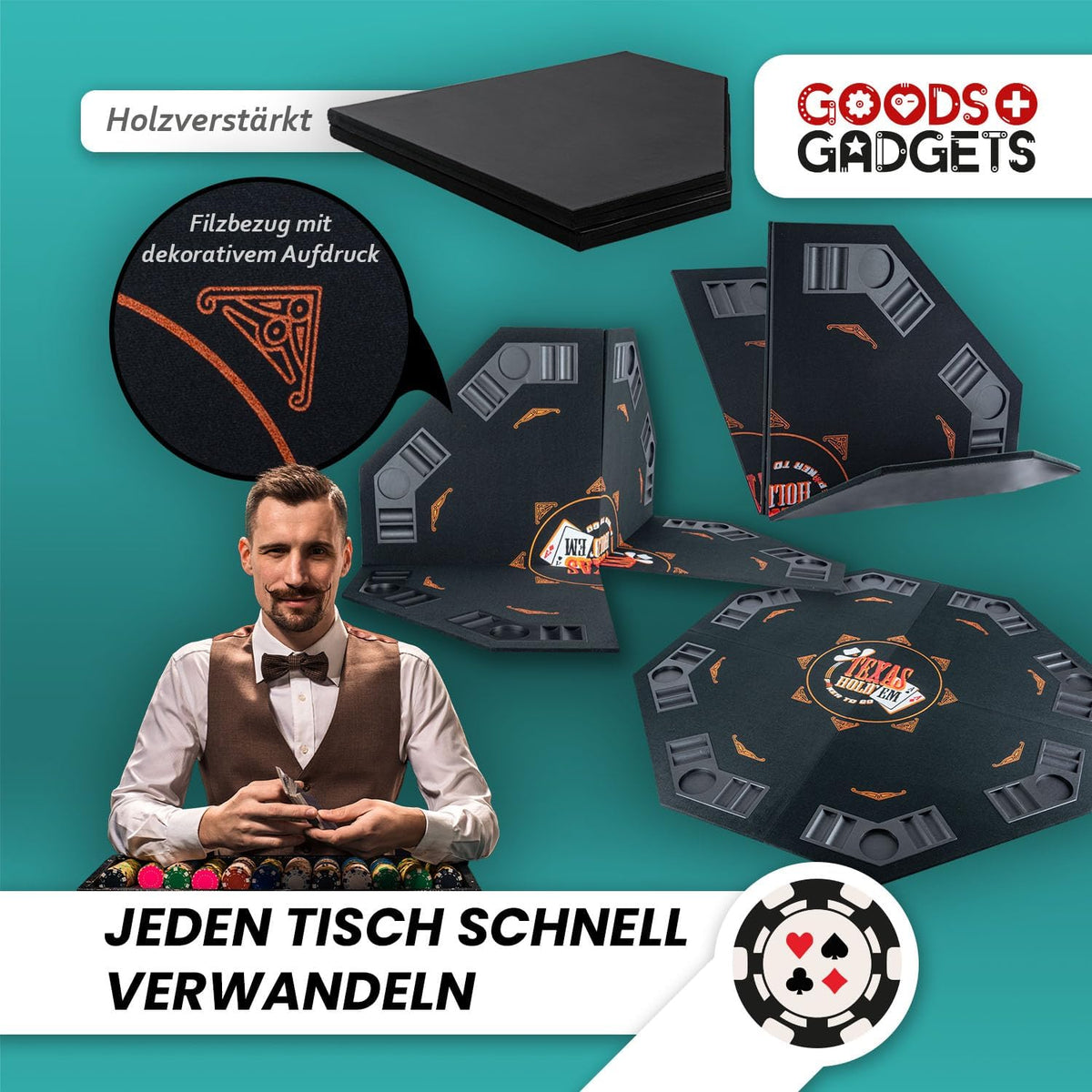 Faltbare Pokertisch-Auflage 120x120 cm - Pokerauflage für 8 Spieler