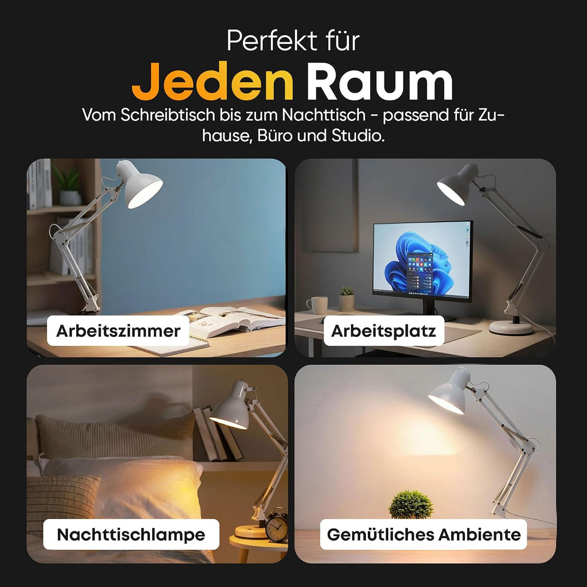 Retro Schreibtischlampe - Vintage Arbeitslampe mit Gelenk-Arm & LED #Farbe_Weiß