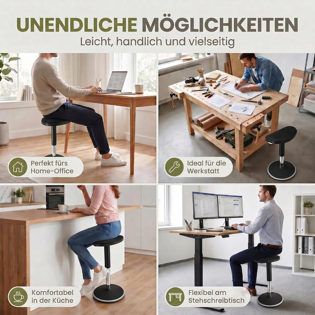 Ergonomischer Stehhocker 35-45cm - Höhenverstellbare Stehhilfe #Farbe_Schwarz