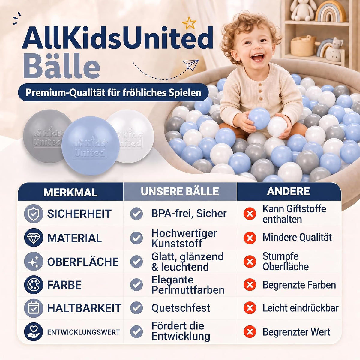 Bällebad-Bälle Grau/Weiß/Blau #Farbe_Grau/Weiß/Blau