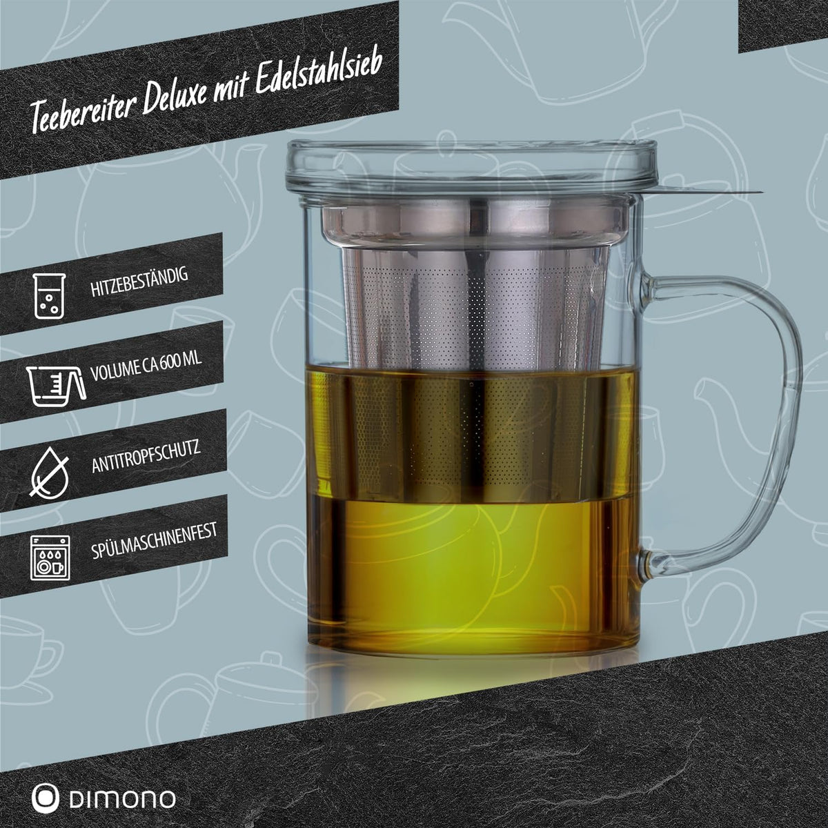 Teebereiter Deluxe - Teeglas mit Glasfilter und Deckel, 470 ml