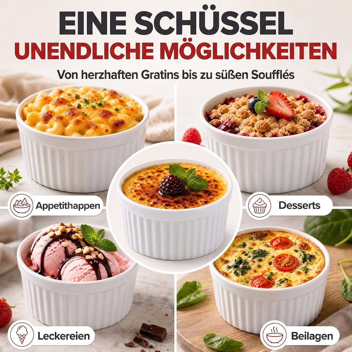 8er Set Dessertschalen & Creme-Brulée-Förmchen aus Keramik Weiß #Farbe_Weiß