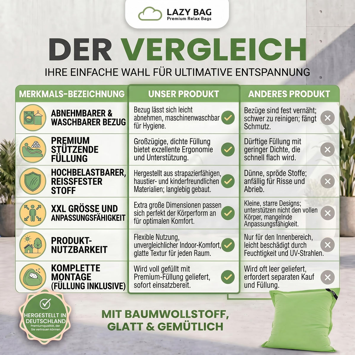 LazyBag XXL Sitzsack 180x140 cm aus Baumwolle – Grün – PT07 #Variante_Grün