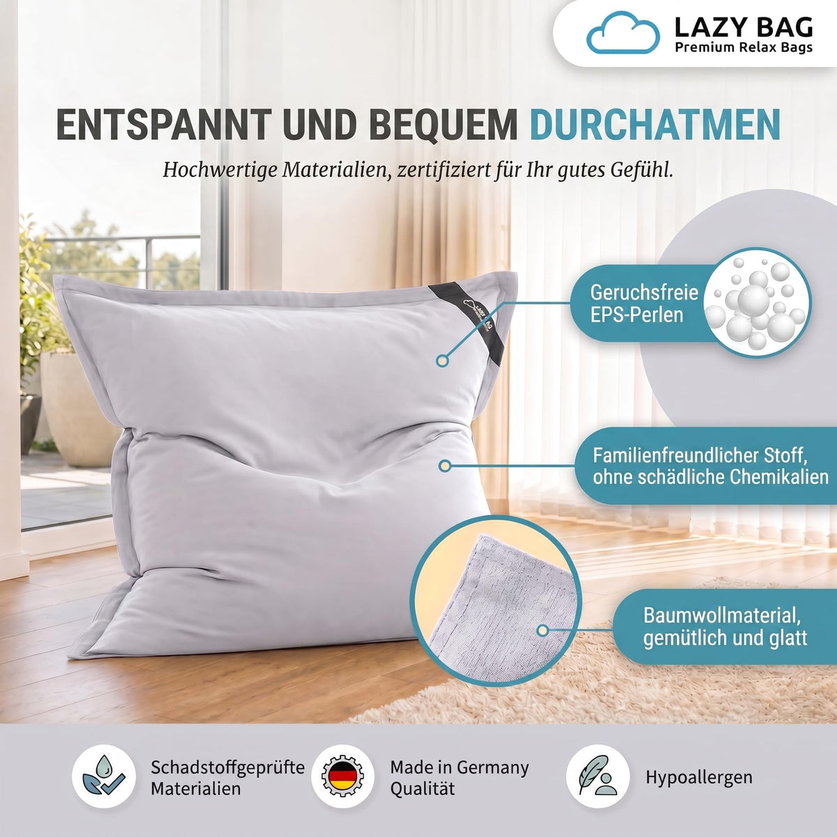 LazyBag XXL Sitzsack 180x140 cm aus Baumwolle – Hellgrau – PT03 #Variante_Hellgrau