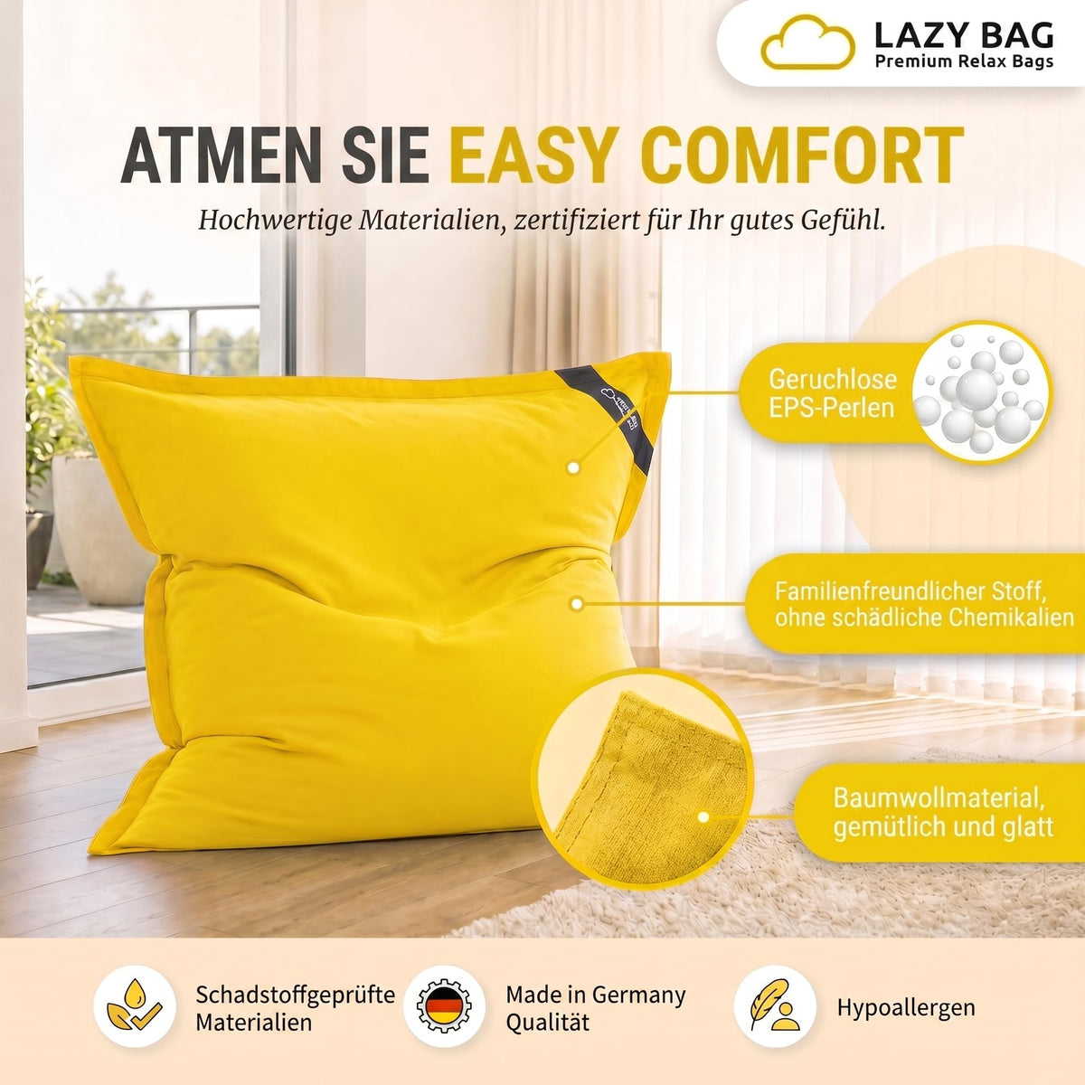 LazyBag XXL Sitzsack 180x140 cm aus Baumwolle – Gelb – PT03 #Variante_Gelb