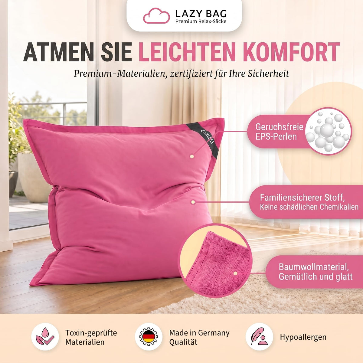 LazyBag XXL Sitzsack 180x140 cm aus Baumwolle – Pink – PT03 #Variante_Pink